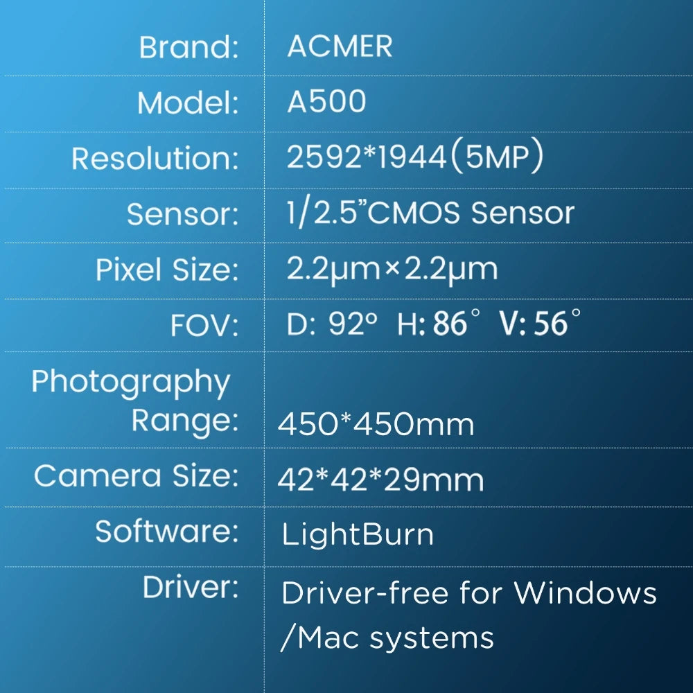 Fotoaparát ACMER A500 Lightbrun Podpora presného polohovania Videozáznam Pre laserové gravírovanie amer P1 10W P2 33W séria