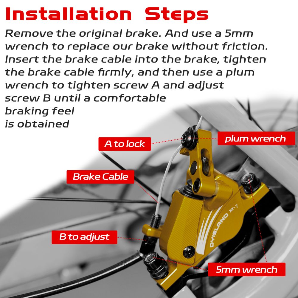 DYISLAND XT-7 Hydraulic Disc Brakes Calipers, Cable Actuated Front & Rear Brake for MTB / Road Bike / Electric Bike - Yellow