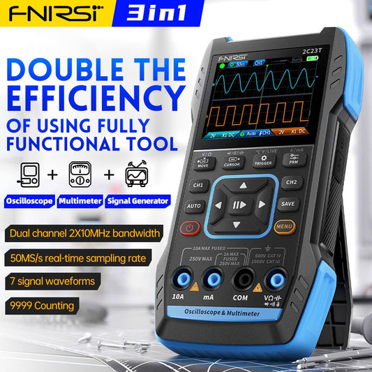 FNIRSI 2C23T 3 in 1 Digital Oscilloscope Multimeter Signal Generator, 2 Channels, 10MHz Bandwidth, 50MSa/s Sampling Rate, 9999 Counts