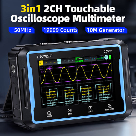 FNIRSI 2C53P Portable Digital Oscilloscope Multimeter, Signal Generator, 4.3inch IPS Touch Screen, 3 in 1 2 Channel 50MHz, 250Ms/S, 19999 Counts - Blue