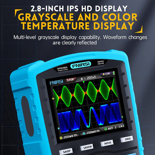 FNIRSI DPOX180H 2 in 1 Handheld Phosphor Digital Oscilloscope, DDS Signal Generator, 2 Channels, 180MHz Bandwidth, 500MSPS Sampling Rate - US Plug
