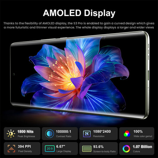 FOSSiBOT S3 Pro 4G Smartphone, 6.67" AMOLED Curved Display, 1.09" Rear Screen, 6GB RAM 128GB ROM, 64MP AI Camera, 5000mAh Battery, Helio G85, NFC, Dual SIM, Android 14, Face Unlock, Black