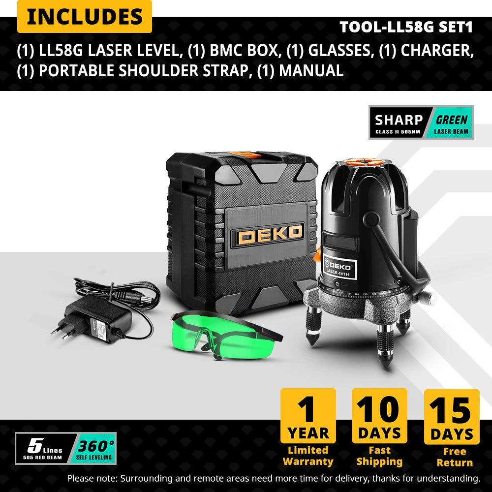 DEKO LL57/58 bodov Červený/Zelený laserová vodováha Samonivelačná horizontálna a vertikálna 360 stupňová úprava Vyššia viditeľnosť