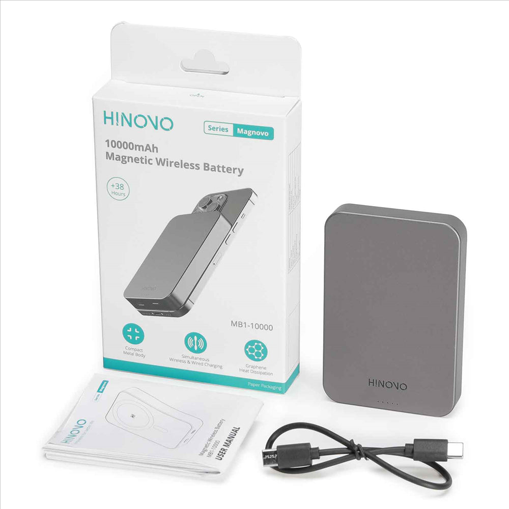 HINOVO MB1-10000 Wireless Portable Charger 10000mAh Magnetic Power Bank Wireless Magnetic Juice Battery Pack, Compatible with MagSafe Magnetic Phone Case, Wireless Charging Battery Pack for iPhone 14/13/12 Series Fast-Charging Ultra Slim & Light