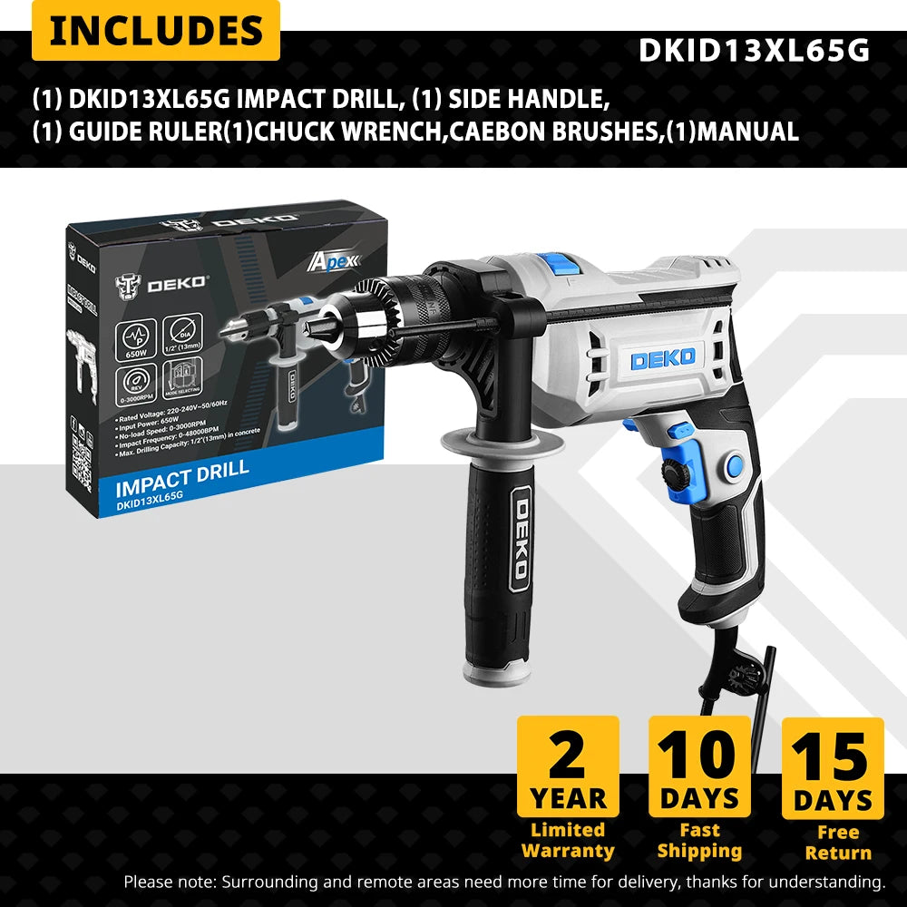 Profesionálna príklepová vŕtačka DEKO DKID13XL65G, 220 V, 2 funkcie, vŕtačka, skrutkovač, elektrické náradie (séria DKID)