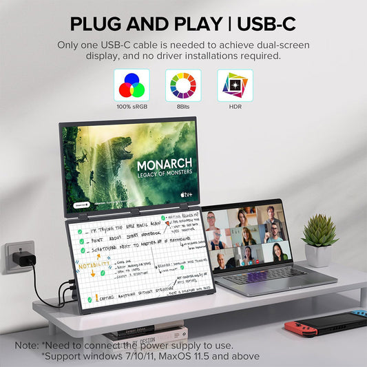 UPERFECT Delta 15.6-inch Dual Screen Portable Folding Monitor, 1920*1080 FHD IPS Screen, 60Hz Refresh Rate, 1000:1 Contrast Ratio, 360° Folding, Built-in Speaker, Built-in Stand & VESA Mountable, 2*Full-Featured Type-C, 2* mini HDMI - EU Plug