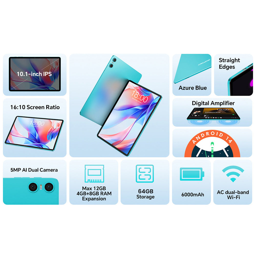 Teclast P30 10.1inch Tablet, Android 14, 4GB RAM 64G ROM, 5MP Al Dual Camera, 1280x800 Resolution, Qcta-Core, 6000mAh Battery, Type-C/GMS/WiFi/Bluetooth/3.5mm Jack