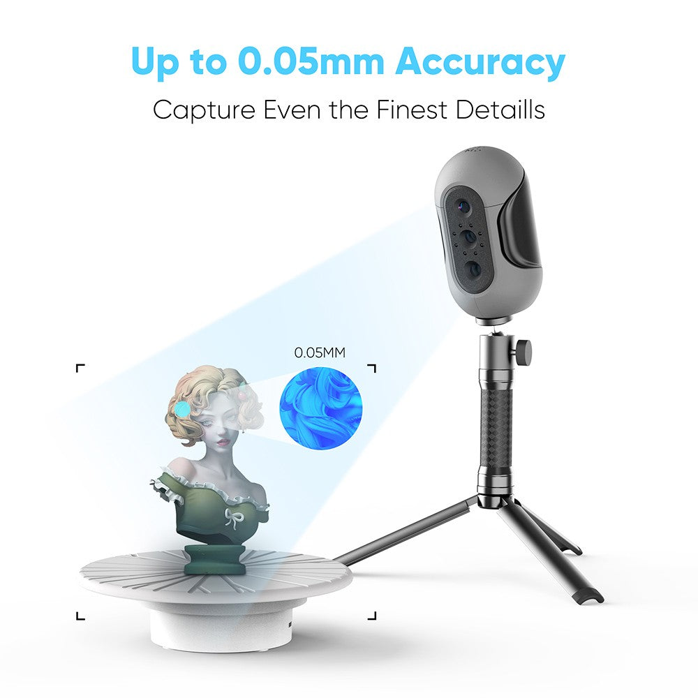 3DMakerpro Mole 3D Scanner Premium Edition, NIR Light Source, 0.05mm Accuracy, 0.1mm Resolution, 10fps Frame Rate, Visual Tracking, Facial Scanning, Anti-Shake, 200x100mm Single Capture Range, with Turntable