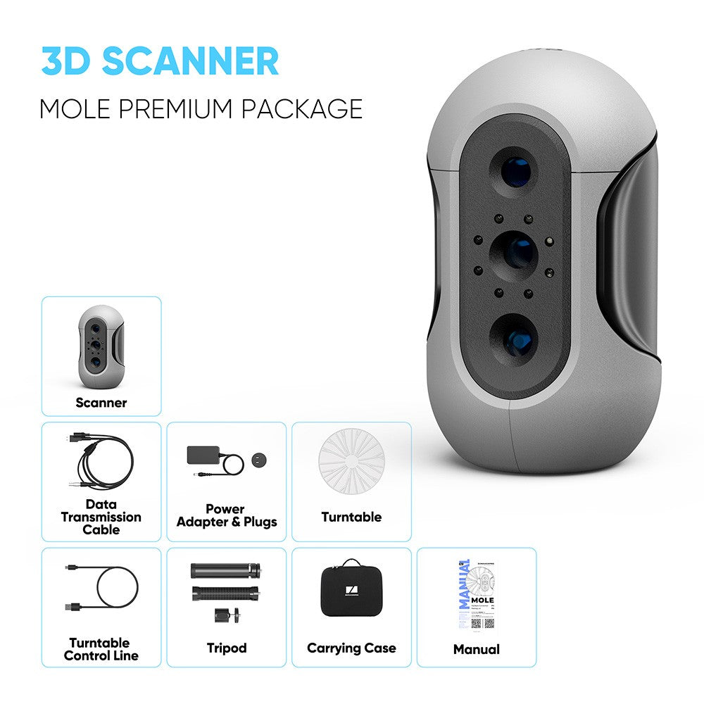 3DMakerpro Mole 3D Scanner Premium Edition, NIR Light Source, 0.05mm Accuracy, 0.1mm Resolution, 10fps Frame Rate, Visual Tracking, Facial Scanning, Anti-Shake, 200x100mm Single Capture Range, with Turntable