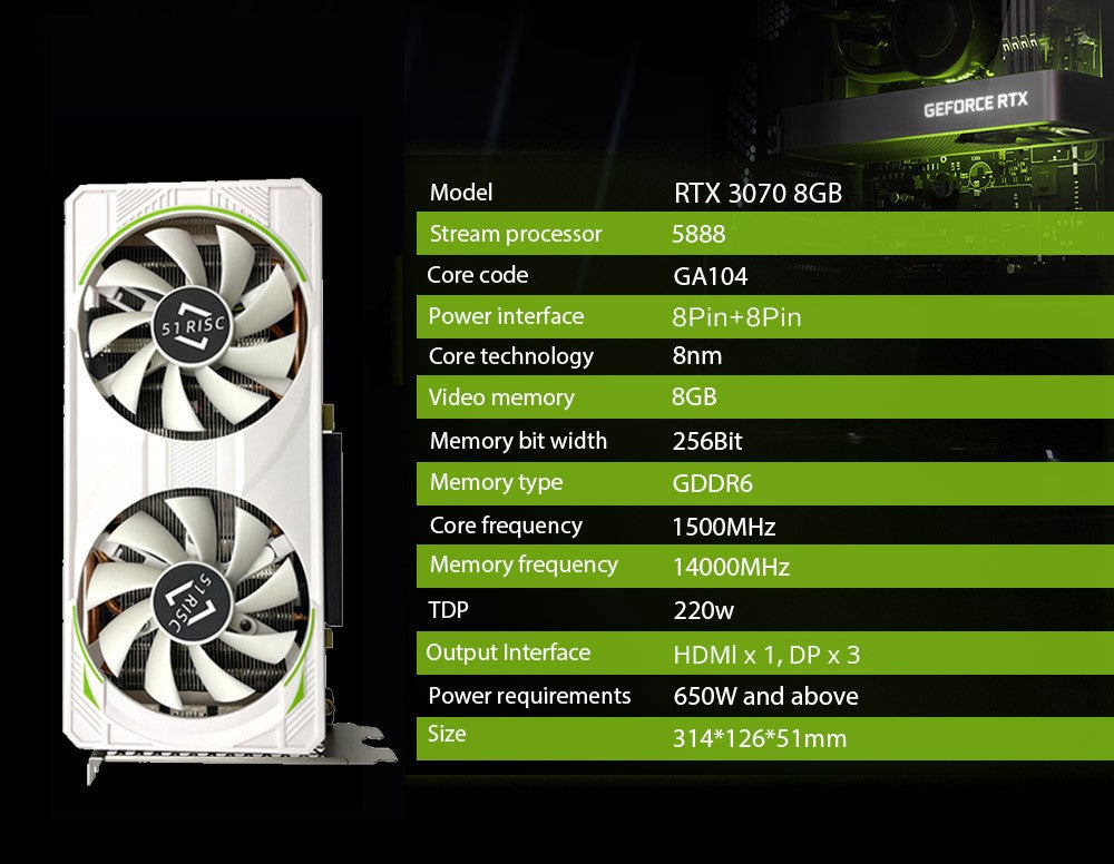 Grafická karta 51RISC RTX3070 8GB NVIDIA GPU 12Pin GDDR6 256bit HDMI*1 DP*3 PCI-E 4.0 x16 rtx3070 8GB herná video karta