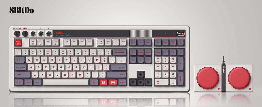 Mechanická klávesnica 8BitDo Retro 108, 108 klávesov, vyměnitelné PCB, 3 režimy pripojenia, bezdrôtová herná klávesnica pre Windows a Android - červená