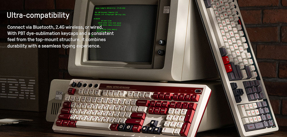 Mechanická klávesnica 8BitDo Retro 108, 108 klávesov, vyměnitelné PCB, 3 režimy pripojenia, bezdrôtová herná klávesnica pre Windows a Android - červená