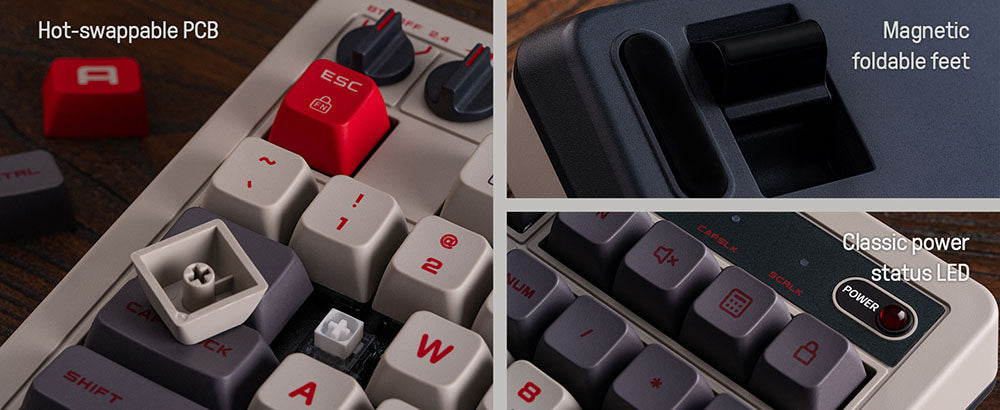 Mechanická klávesnica 8BitDo Retro 108, 108 klávesov, vyměnitelné PCB, 3 režimy pripojenia, bezdrôtová herná klávesnica pre Windows a Android - červená