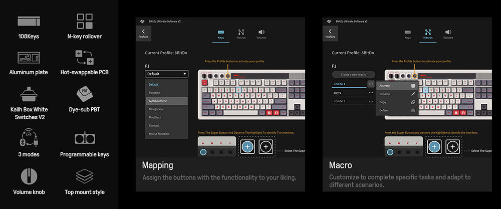 Mechanická klávesnica 8BitDo Retro 108, 108 klávesov, vyměnitelné PCB, 3 režimy pripojenia, bezdrôtová herná klávesnica pre Windows a Android - červená