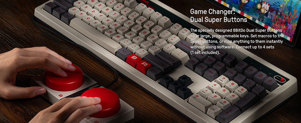 Mechanická klávesnica 8BitDo Retro 108, 108 klávesov, vyměnitelné PCB, 3 režimy pripojenia, bezdrôtová herná klávesnica pre Windows a Android - červená