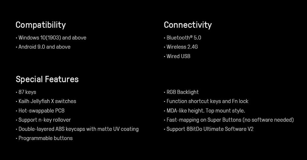 8BitDo Retro 87 Mechanická Klávesnica Xbox Edition, 87 Klávesov, RGB Podsvietenie, Vymeniteľné PCB, Pripojenie cez Bluetooth/2.4G/USB-C, Bezdrôtová Herná Klávesnica pre Windows a Android