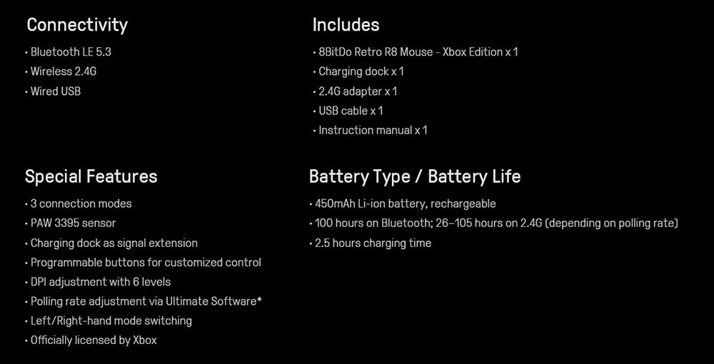 8BitDo Retro R8 Xbox Edition, 3 režimy pripojenia, vybavený senzorom PAW 3395, programovatelné tlačidlá