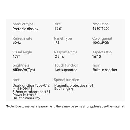 AOSIMAN L140FPC 14'' Ultra Slim Portable Monitor 1920x1200, 16:10 Ratio Resolution Double Blind Plug for Laptop, PC, Phone