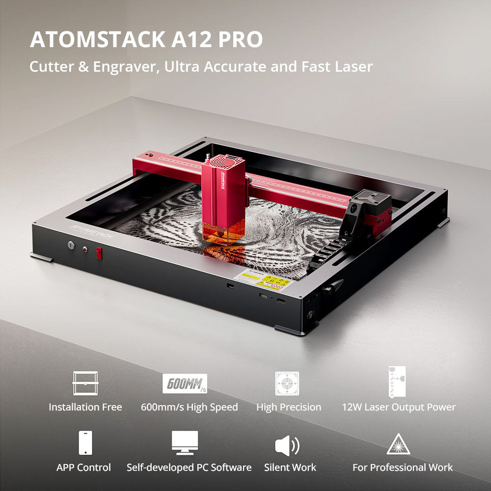 ATOMSTACK A12 PRO 12W Laser Engraver Cutter, Fixed Focus, 0.02mm Engraving Precision, 600mm/s Engraving Speed, 32-bit Motherboard, Cross Laser Positioning, App Control, Unibody Frame, 365x305mm