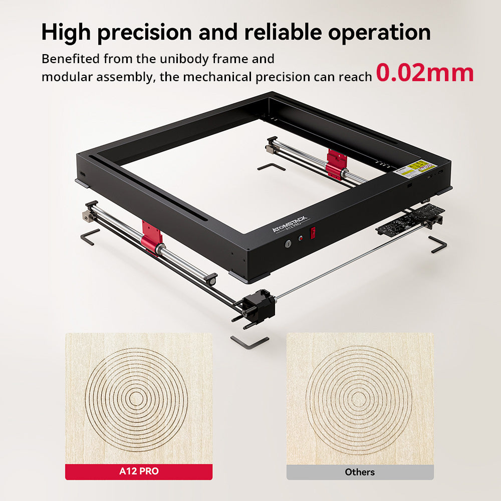 ATOMSTACK A12 PRO 12W Laser Engraver Cutter, Fixed Focus, 0.02mm Engraving Precision, 600mm/s Engraving Speed, 32-bit Motherboard, Cross Laser Positioning, App Control, Unibody Frame, 365x305mm
