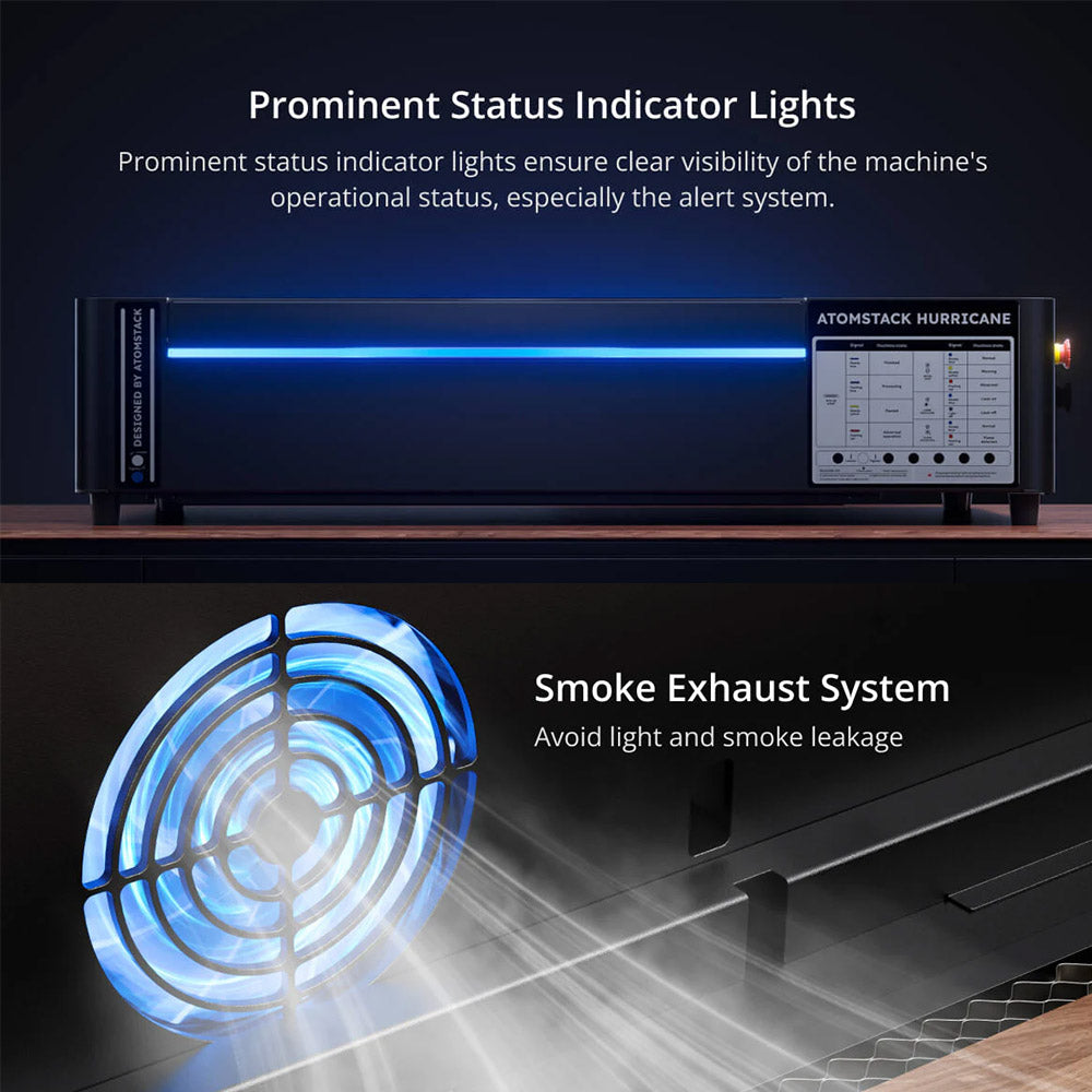 ATOMSTACK Hurricane FDA Class1 55W CO2 Laser Cutter, 0.01mm Precision, 600mm/s Engraving Speed, 500*300mm, Visible Red-Light Indicator, 5MP Camera, Auto Fire Extinguisher, Smoke Exhaust System