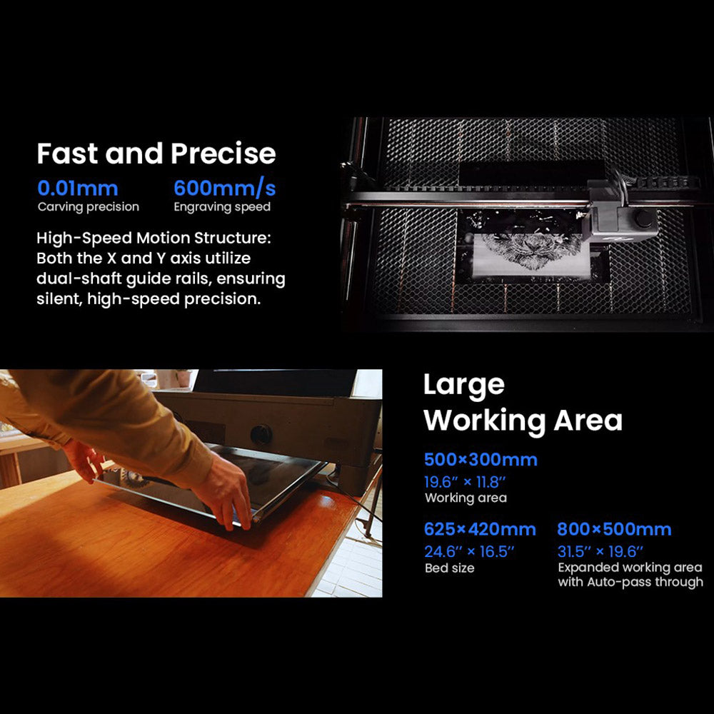 ATOMSTACK Hurricane FDA Class1 55W CO2 Laser Cutter, 0.01mm Precision, 600mm/s Engraving Speed, 500*300mm, Visible Red-Light Indicator, 5MP Camera, Auto Fire Extinguisher, Smoke Exhaust System