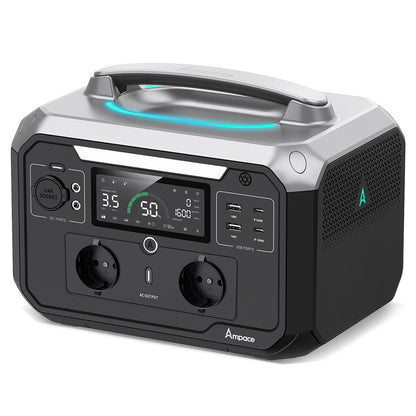 Ampace Andes 600 Pro Portable Power Station, 584Wh LiFePO4 Hybrid Battery, 600W(Surge 1800W) SiCPrime Solar Generator, Recharge to 80% in 1 Hour, 2xAC 2xUSB-A 2xUSB-C 2x5521 1xCar Socket, 2000 Cycles, -20℃~45℃, APP Control, for Outdoor, RVs, Home Use