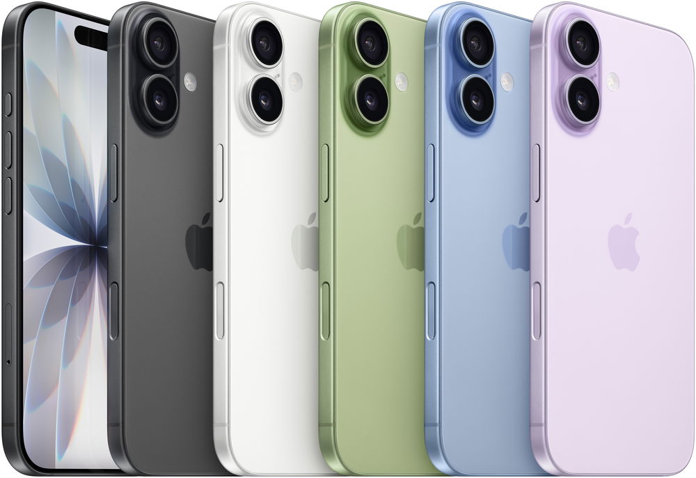 Five Apple iPhone 17 models in different colors displayed side by side.