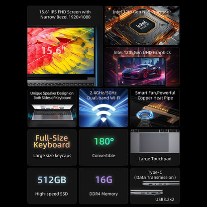 BMAX X15 Pro Laptop, 15.6 inch 1920*1080 IPS Screen, Intel N95 4 Cores Max 3.4GHz, 16GB RAM 512GB SSD, WiFi 5 Bluetooth 5.0, 5000mAh Battery, 1*Type-C, 2*USB3.2, 1*Mini HDMI, 1*Micro SD Slot, 1*Headset Jack, Full-size Keyboard