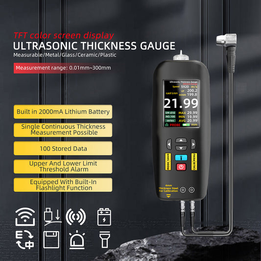 BSIDE T7 Ultrasonic Thickness Gauge, 0.01-300mm Measuring Range, 2.8inch TFT Color Screen, with Flashlight Function, 2000mA Lithium Battery, Black