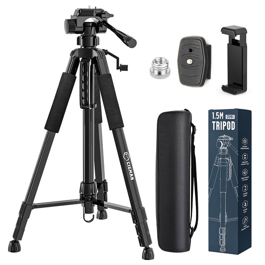 CIGMAN CTP01 1.5m/59inch Laser Level Tripod, with 3-Way Swivel Pan Head and Phone Holder, Quick Release Plate with 1/4" Screw Mount &amp; 5/8" UNF Adapter Nut