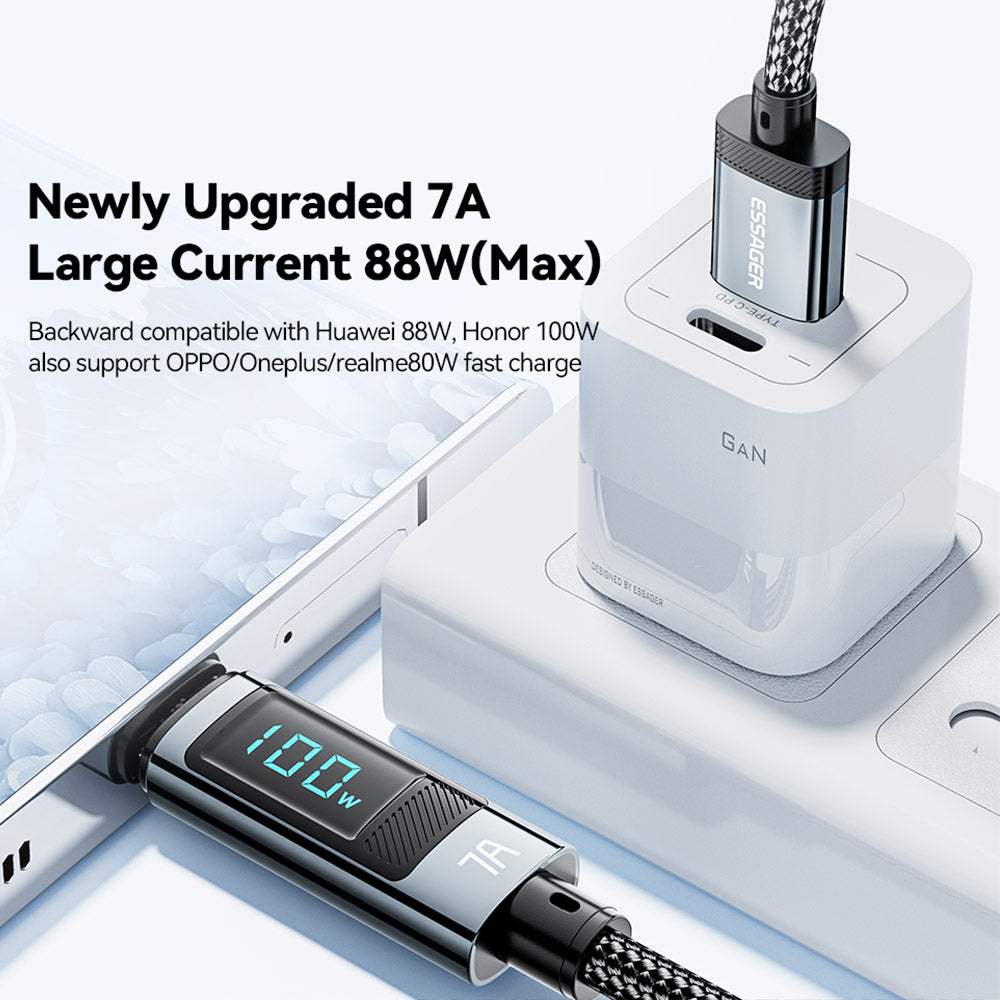 ESSAGER 100W 7A USB-A to Type-C Charging Cable, Digital Display, USB2.0 480Mbps, with Velcro, QC Protocol