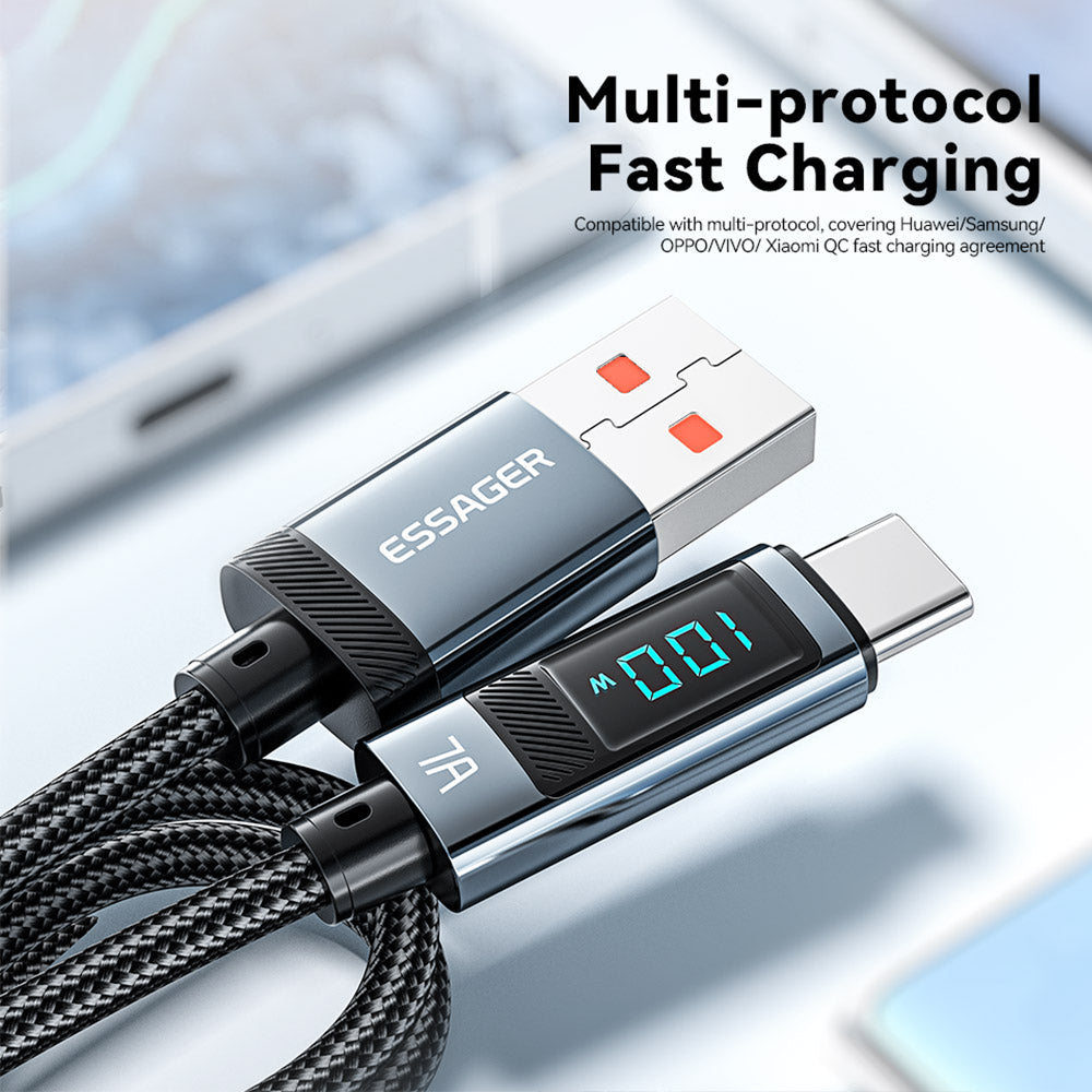 ESSAGER 100W 7A USB-A to Type-C Charging Cable, Digital Display, USB2.0 480Mbps, with Velcro, QC Protocol