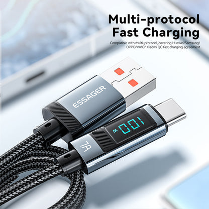 ESSAGER 100W 7A USB-A to Type-C Charging Cable, Digital Display, USB2.0 480Mbps, with Velcro, QC Protocol