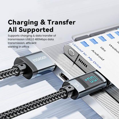 ESSAGER 100W 7A USB-A to Type-C Charging Cable, Digital Display, USB2.0 480Mbps, with Velcro, QC Protocol