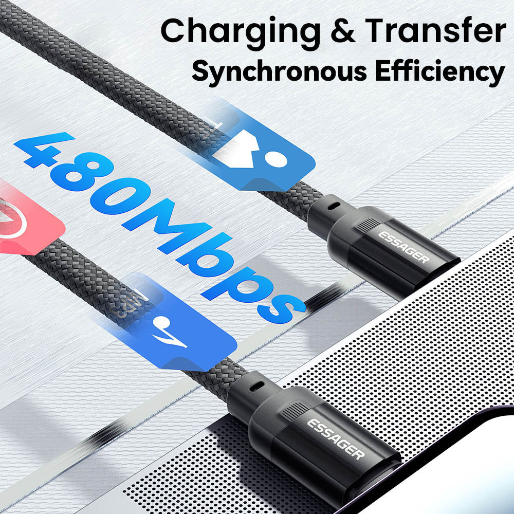 ESSAGER 240W 5A Type-C to Type-C Charging Cable, USB2.0 480Mbps, Magnetic Adsorption, Flexible Adjustment, E-Marker Chip, 1m