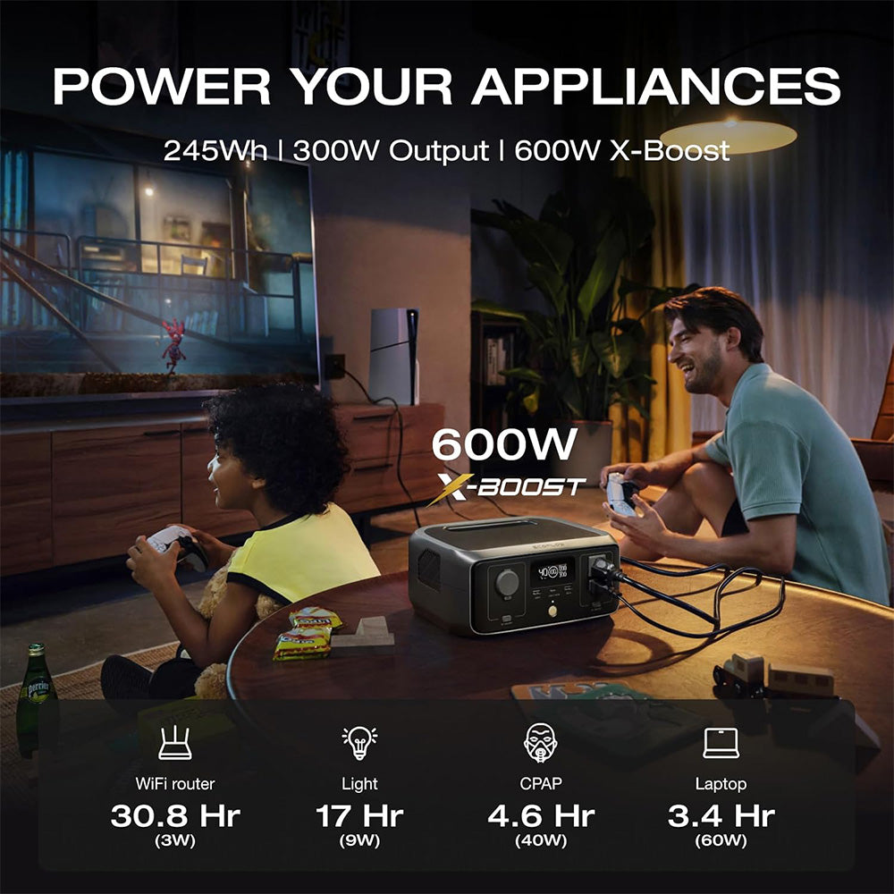 EcoFlow RIVER 3 Portable Power Station, 245Wh LiFePO4 Battery, 300W Up to 600W AC Output, 6 Outlets, <20ms UPS &amp; <30dB, IP54 Waterproof, 1h Fast Charging Solar Generator, for Outdoor/Camping/Home Use