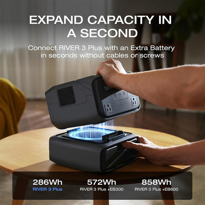 EcoFlow RIVER 3 Plus Portable Power Station, 286Wh LiFePO4 Battery, 600W Up to 1200W AC Output, 7 Outlets, <10ms UPS &amp; <30dB Noise, Expandable to 858Wh, App Control, 1h Fast Charging Solar Generator for Outdoor Camping/RV/Home Use