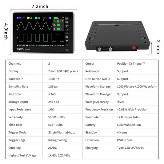 FNIRSI 1013D 7inch Tablet Oscilloscope, 2 Channels, 100MHz Bandwidth, 1GSa/s Sampling - US Plug