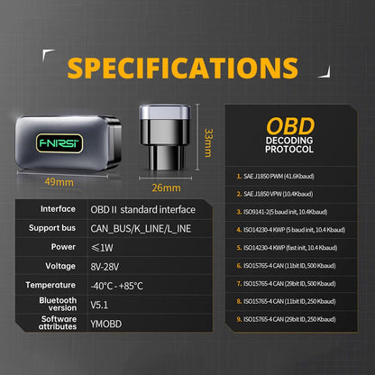 FNIRSI FD10 Car Fault Detector, OBD2 Scanner, Code Reader Clear Error Diagnostic Tool, Bluetooth V5.1, Support 9 OBD2 Protocols, for iOS &amp; Android