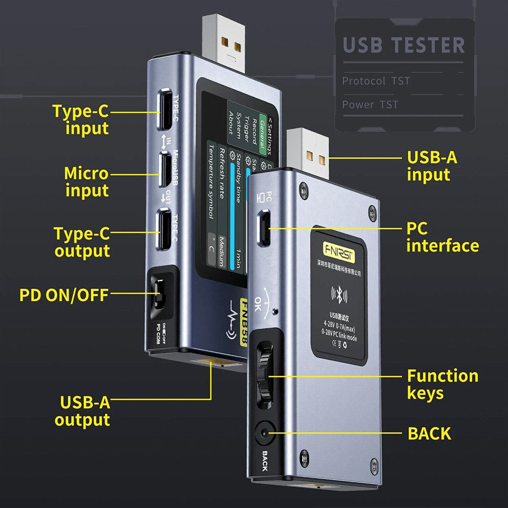 FNIRSI FNB58 USB Voltage Current Tester with Bluetooth, Fast Charge Detection, 4-28V Voltage, 7A High Current, 4 Function Curves, 5 Ports, Multiple Protocol Triggers, 2.0 IPS HD Display
