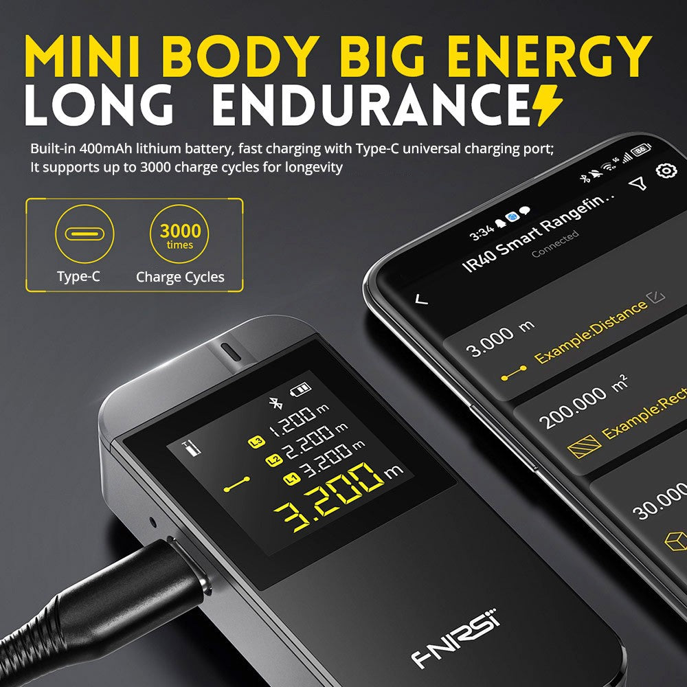 FNIRSI IR40 Smart Laser Rangefinder, Digital Distance Meter, 40M Measurement Range, 360-Degree Gravity Sensor, App Connection, 400mAh Battery - Grey