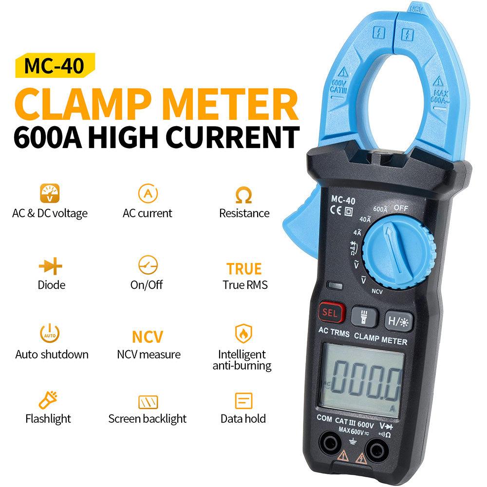 FNIRSI MC40 Digital Clamp Meter, 6000 Counts True RMS, Auto Range, 600A Current Measure
