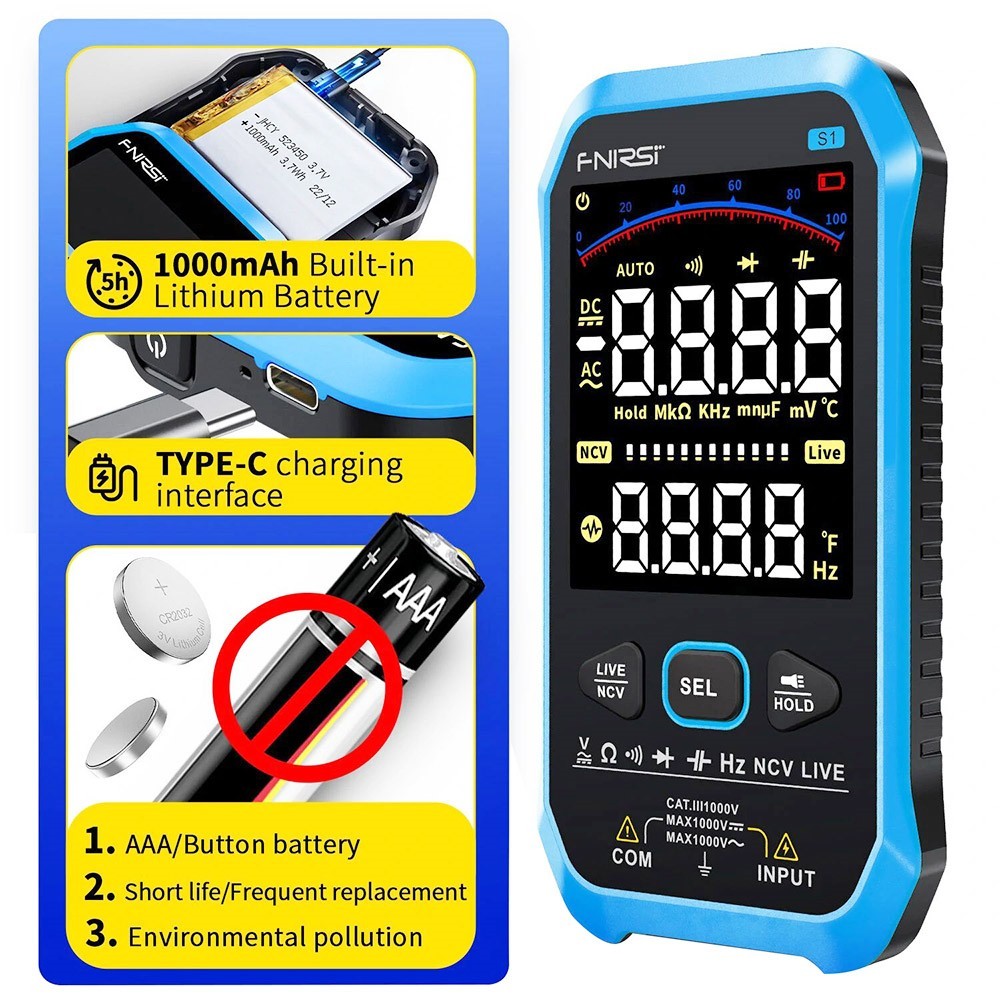 FNIRSI S1 Handheld Digital Multimeter, 9999 Counts, AC/DC Voltage Tester, Auto Range, NCV Measures, 1000mAh Rechargeable Battery, Flashlight Function