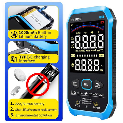 FNIRSI S1 Handheld Digital Multimeter, 9999 Counts, AC/DC Voltage Tester, Auto Range, NCV Measures, 1000mAh Rechargeable Battery, Flashlight Function