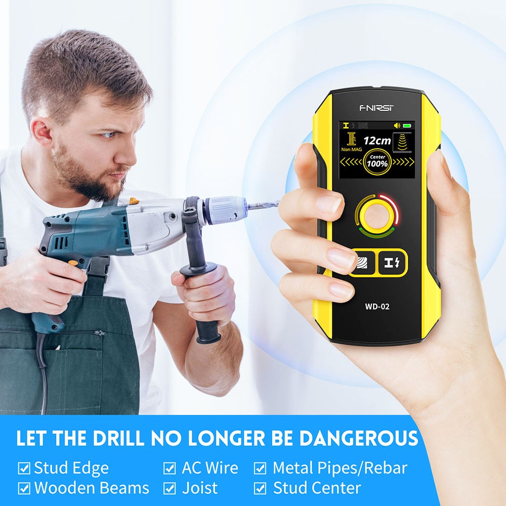FNIRSI WD-02 Wall Detector, Metal / Wooden / AC Wire Detection Mode, 3-Level Sensitivity Adjustment, Positioning Hole, TFT Display, 300mAh Rechargeable Battery
