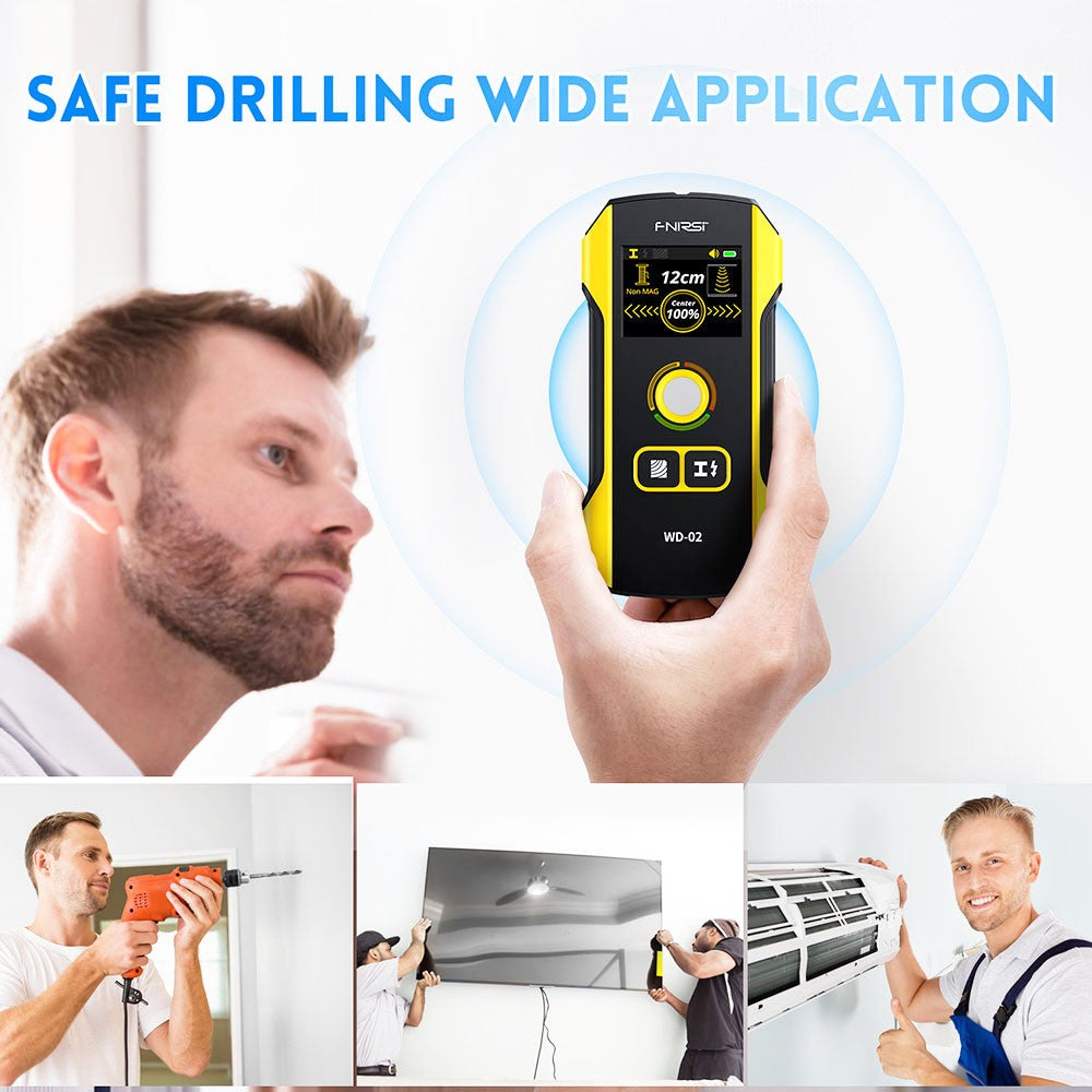 FNIRSI WD-02 Wall Detector, Metal / Wooden / AC Wire Detection Mode, 3-Level Sensitivity Adjustment, Positioning Hole, TFT Display, 300mAh Rechargeable Battery