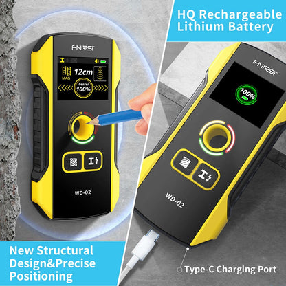 FNIRSI WD-02 Wall Detector, Metal / Wooden / AC Wire Detection Mode, 3-Level Sensitivity Adjustment, Positioning Hole, TFT Display, 300mAh Rechargeable Battery
