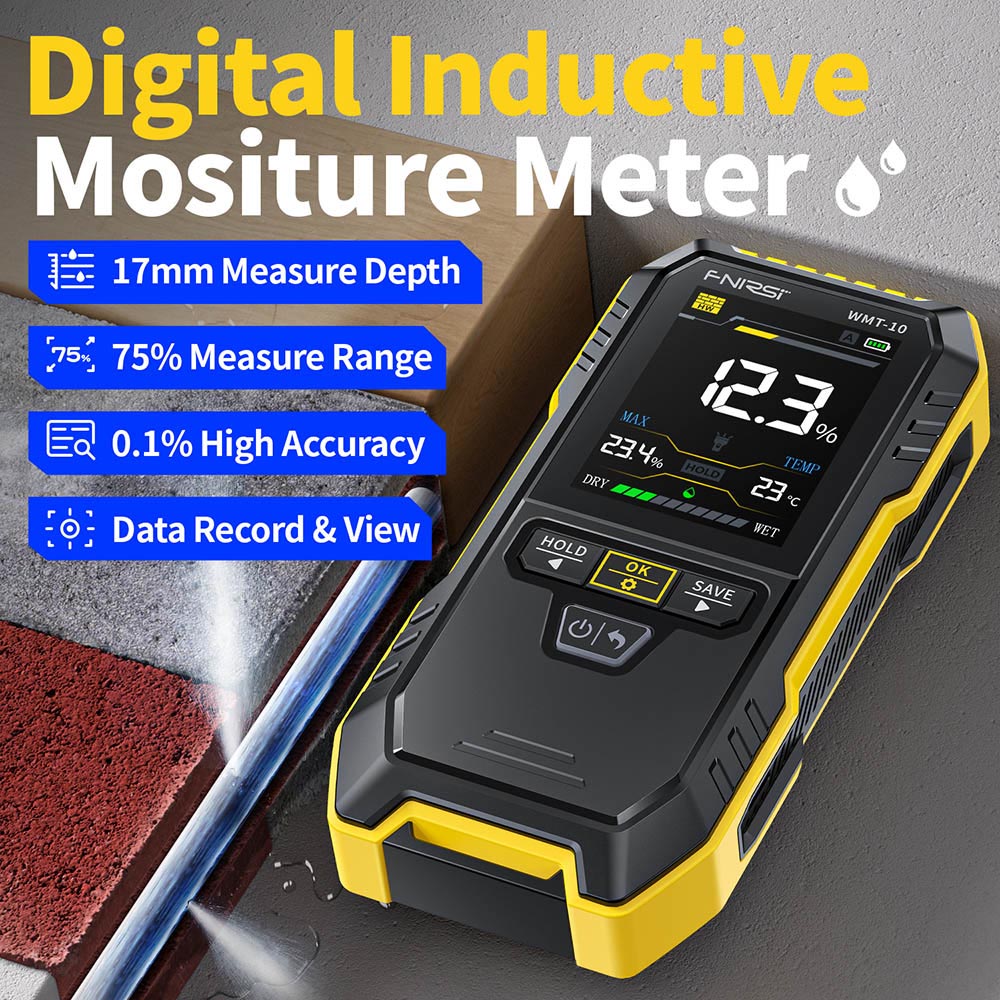 FNIRSI WMT-10 Pinless Moisture Meter, 2.4-inch Screen, 17mm Measure Depth
