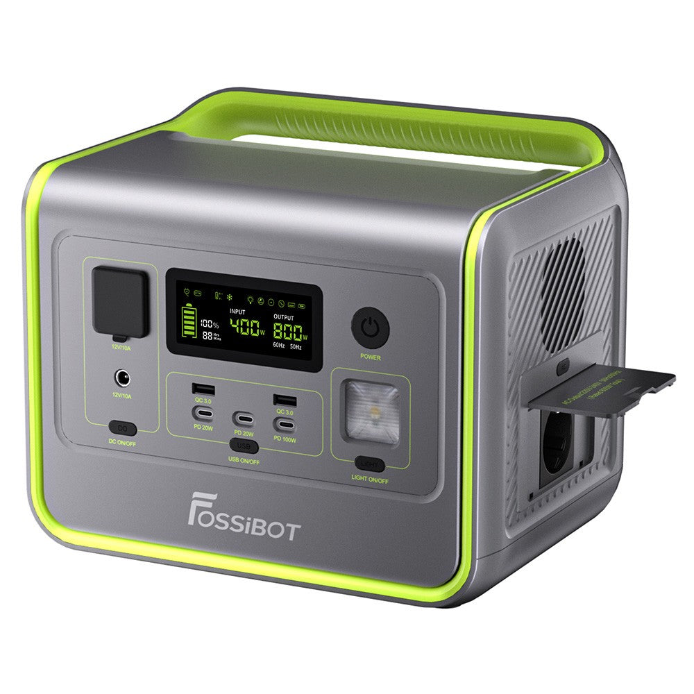 FOSSiBOT F800 Portable Power Station, 512Wh LiFePO4 Solar Generator, 3500 Times Cycle, 800W AC Output, 200W Max Solar Input, 8 Outlets, DC6530, 2xUSB-A, 3xType-C, AC Output, LCD Display, Fully Recharged in 1.2 Hours, LED Light - Green